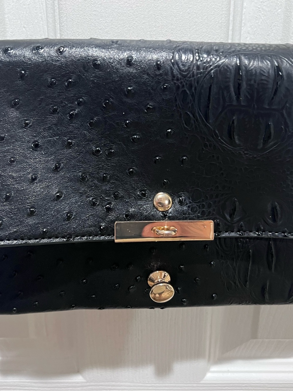 Black Faux Ostrich Leather Crossbody Clutch - Gold Hardware‎